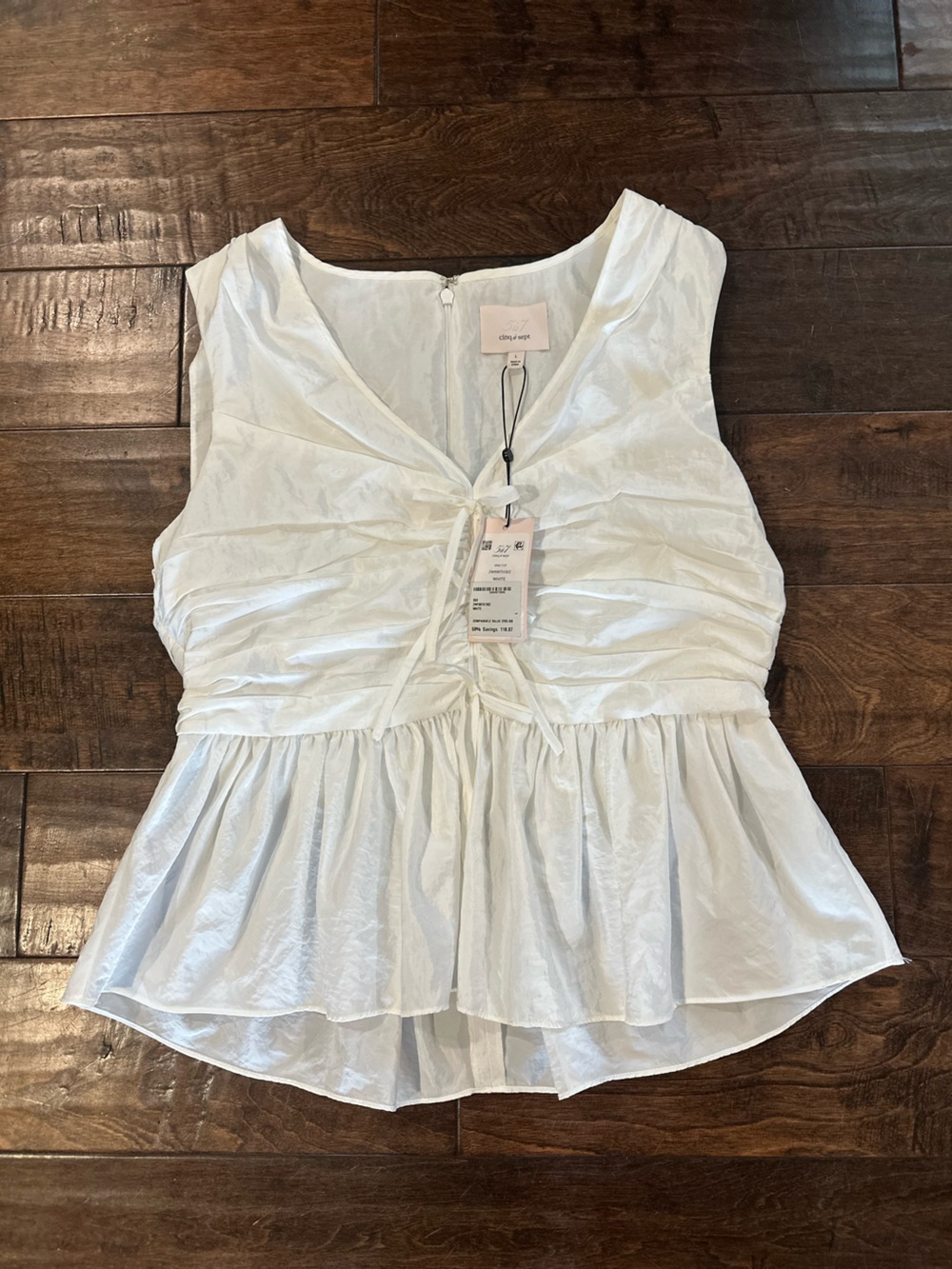 cinq a sept White Ruched Tie-Front Peplum Top